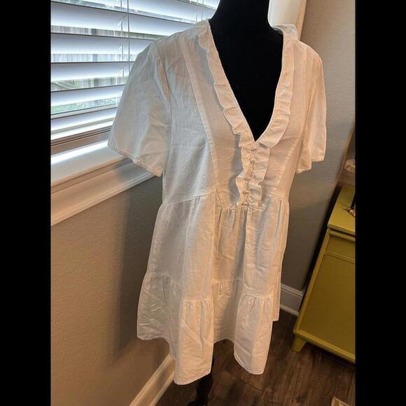 Zara White Babydoll Dress, Knee Length, Ruffle Detai & Gathered Short Sleeves. S - Picture 10 of 11